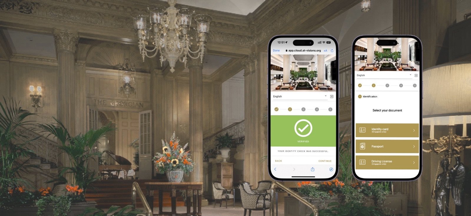 A grand hotel lobby with smartphones showing the at-visions digital check-in flow