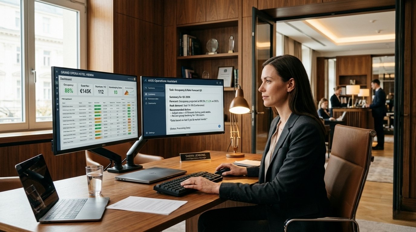 A hotel operations manager reviewing a property dashboard and an AXIS operations-assistant forecast on dual monitors in an office