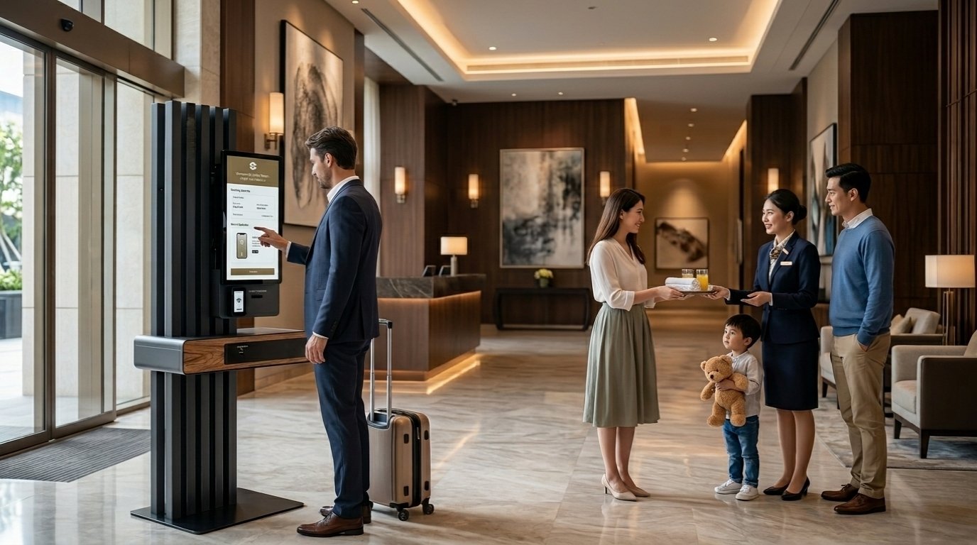 A guest checking in at a lobby self-service kiosk while a concierge welcomes an arriving family with a welcome drink nearby