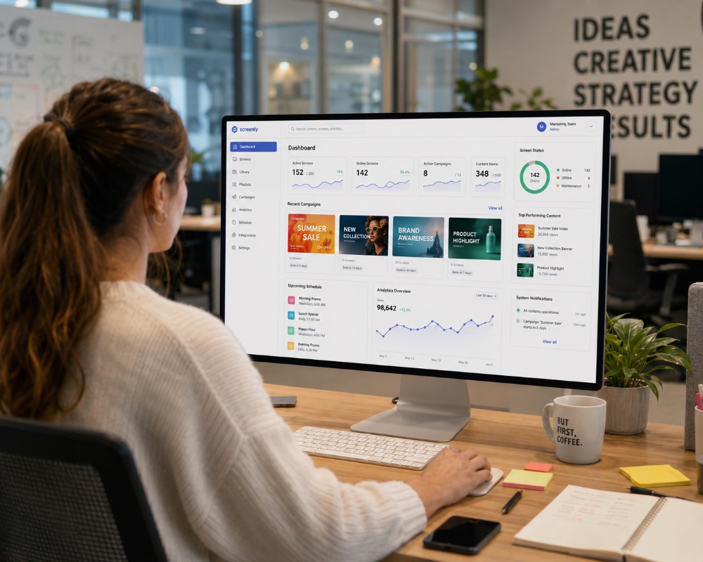 Marketing manager working in a cloud signage CMS dashboard, scheduling campaigns across screens