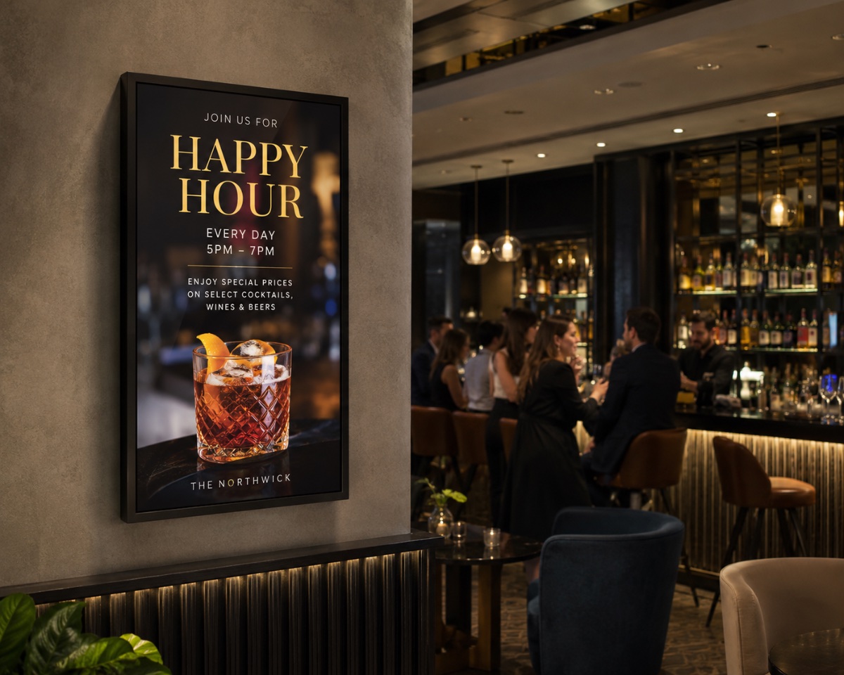 Digital happy-hour signage on a hotel bar wall