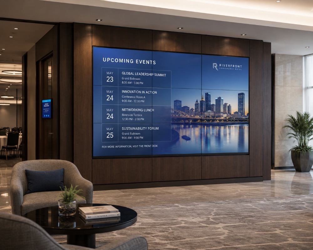 Lobby video wall showing an upcoming-events board for the Riverfront Conference Hotel