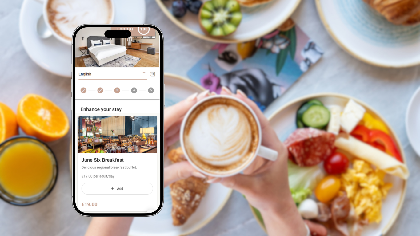 Guest browsing the in-app breakfast upsell while having breakfast